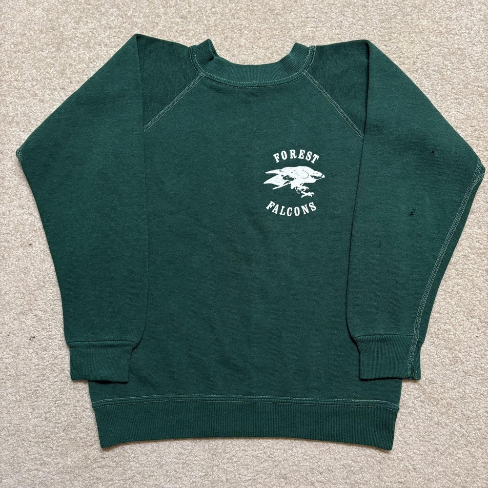 Vtg 70s Forest Falcons Crewneck Sweatshirt Kids Youth Medium 10-12 Green Gusset